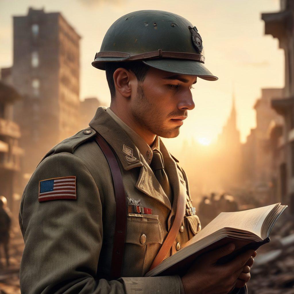 A soldier in a vintage uniform stands tall, revealing deep emotional scars while holding a faded journal in one hand, surrounded by images of battlefields fading into newspaper bulletins. The background is divided between chaotic war scenes and peaceful cityscapes, symbolizing the transition from battlefield to homefront. Soft sunlight streams through, illuminating the soldier's face with a sense of hope and resilience. super-realistic. warm tones. dramatic lighting.
