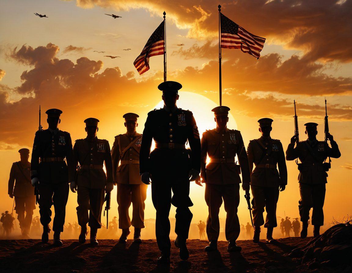 A montage of diverse soldiers in uniform, highlighting different branches of the armed forces, standing proudly with medals and honors. In the background, a serene sunset casting warm hues, symbolizing sacrifice and valor. Surround the soldiers with symbolic elements like flags, a battlefield silhouette, and iconic historical military vehicles. The scene evokes emotion and inspiration, celebrating heroism. painting. warm tones. dramatic lighting.