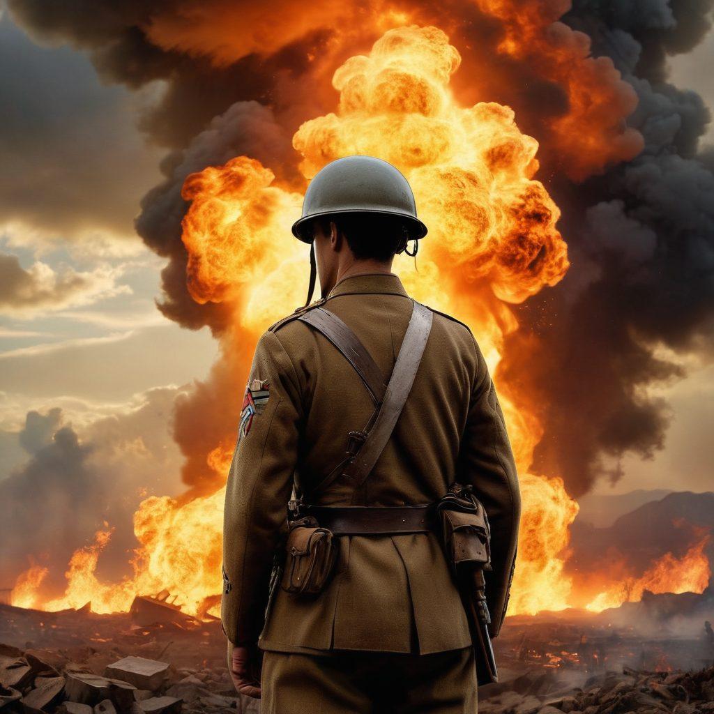 A heroic soldier standing tall amidst a dramatic battlefield backdrop, with flames and smoke billowing in the distance. In the foreground, a collage of historical military artifacts, medals, and faded photographs tell untold stories. The soldier's face shows determination and resilience, embodying the essence of courage. Bright sunlight breaks through the clouds, symbolizing hope and valor. super-realistic. vibrant colors. dramatic lighting.